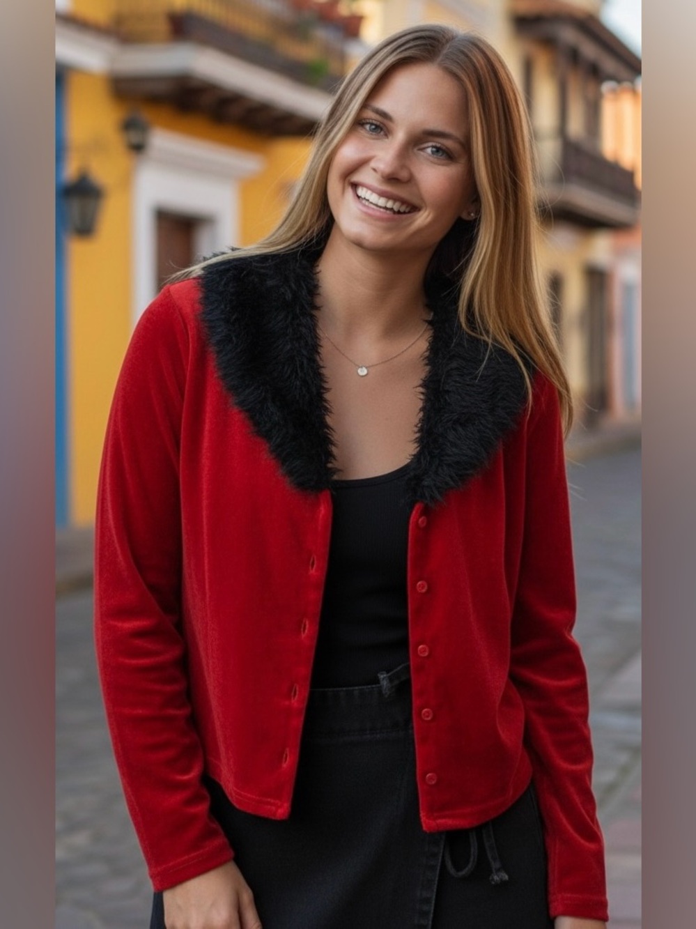 A. Byer Red Button-Front Jacket with Black Faux Fur Collar Size Small EUC